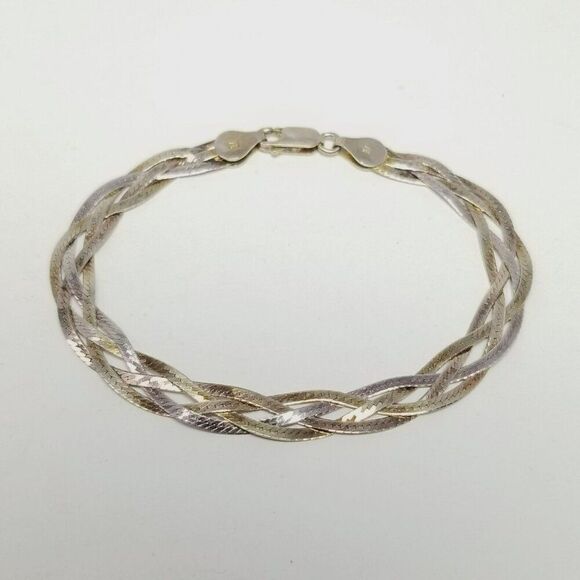 Vintage Sterling Silver Braided Flat Chain Bracelet, 7 1/4 Inches Long, Italy - Picture 6 of 6